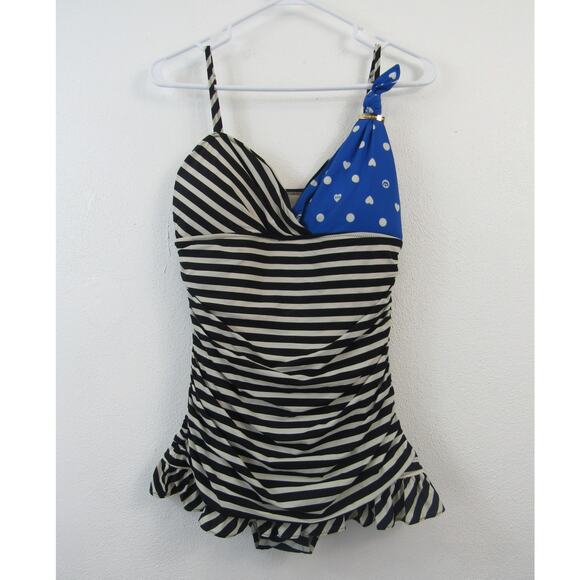 Juicy Couture Large Swimsuit Sundress Royal Ruffle Halter Blue Black White Heart - Picture 1 of 6